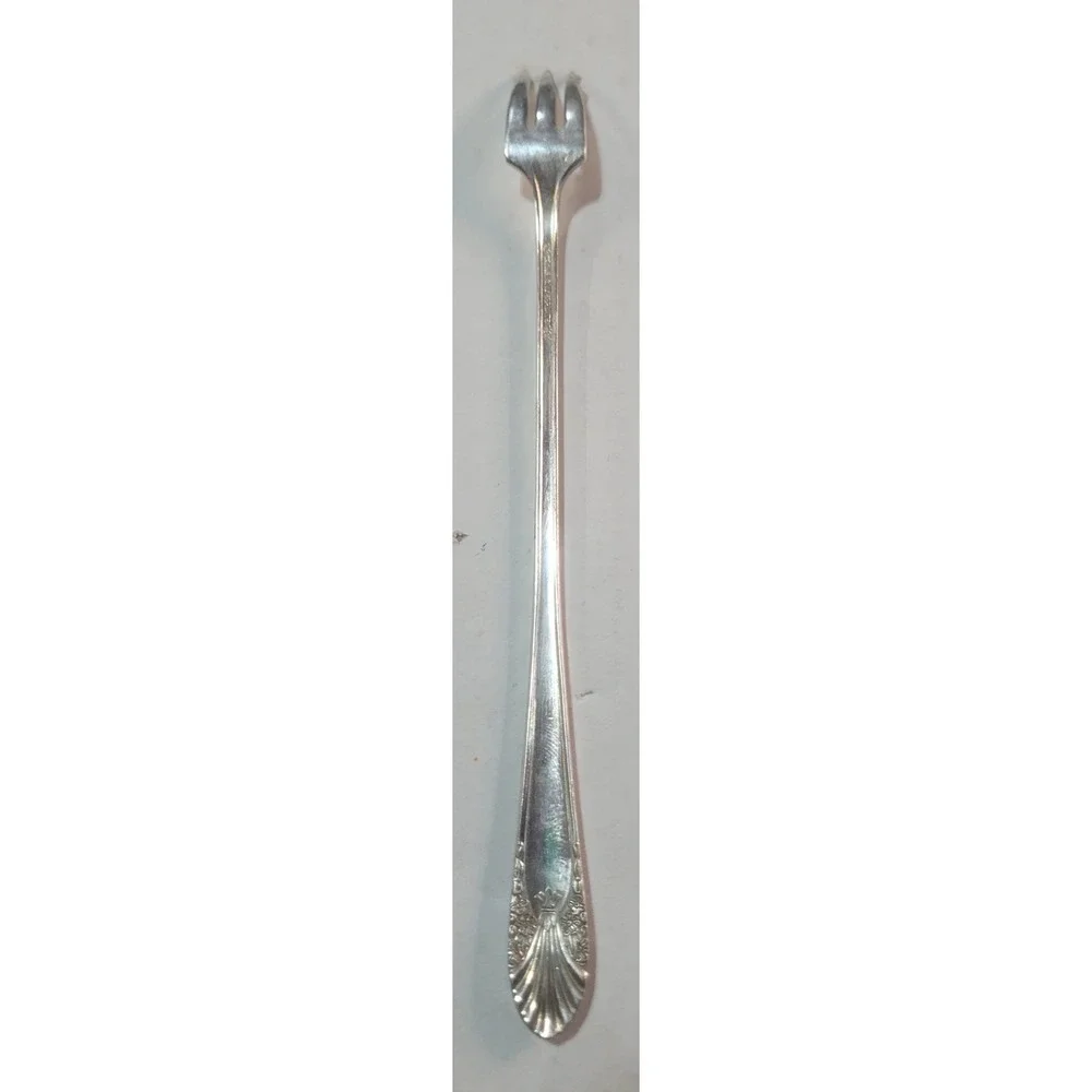 Crown Silverplate Cocktail Fork Vintage Seafood Oyster Shell Floral Handle 7.5in